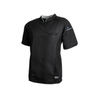 Black short-sleeve shirt with a logo on a white background