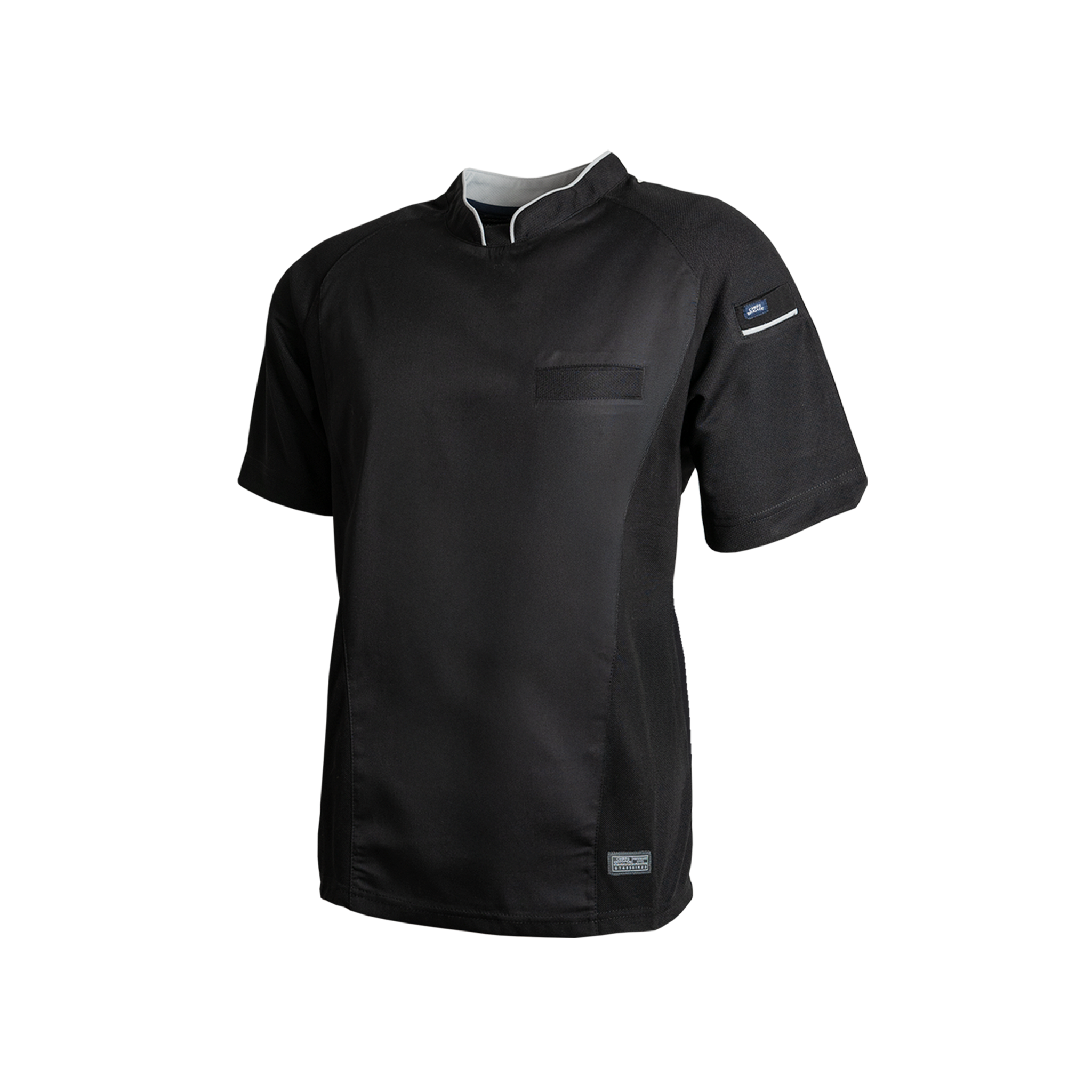 Black short-sleeve shirt with a logo on a white background