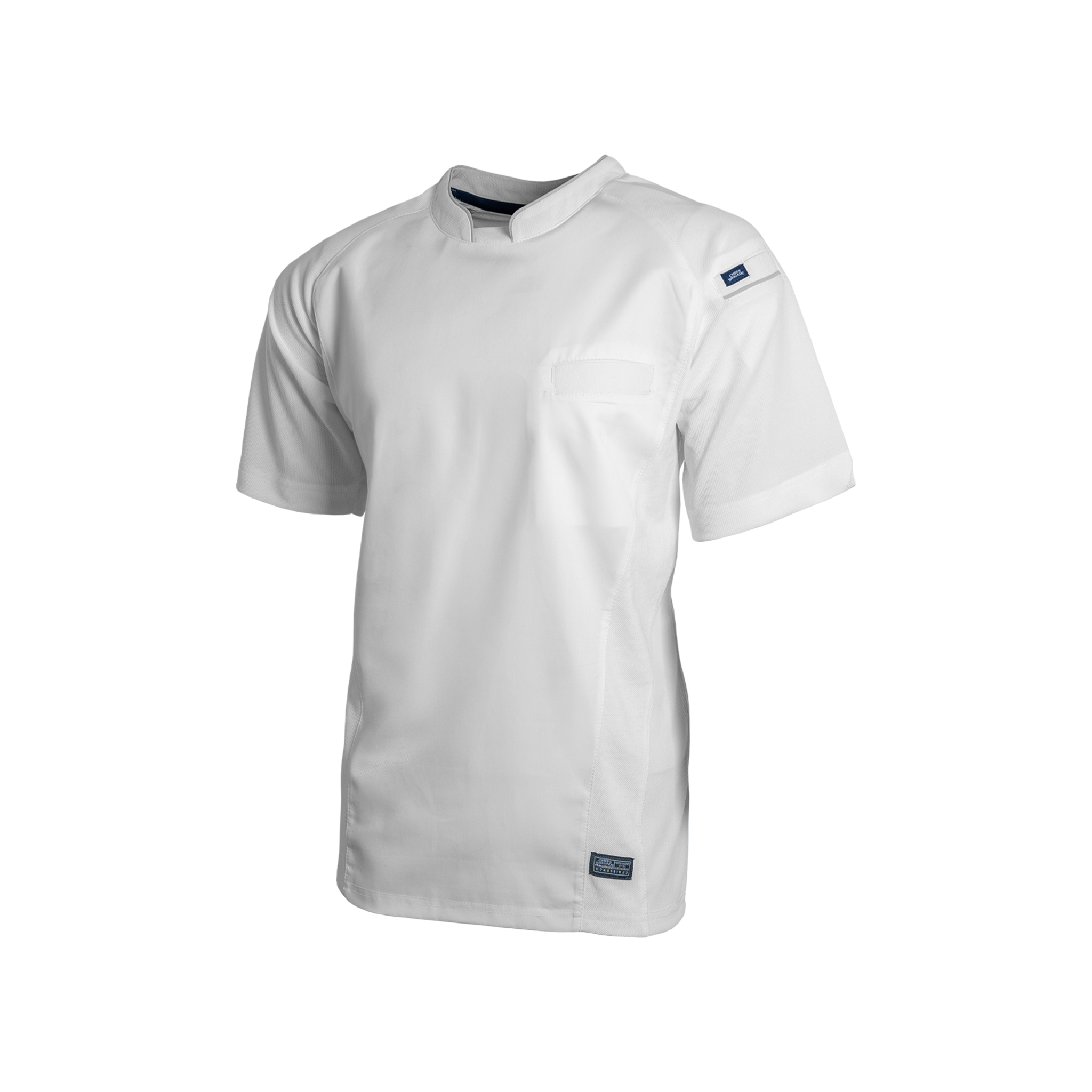 White chef's coat with a brand logo on a white background