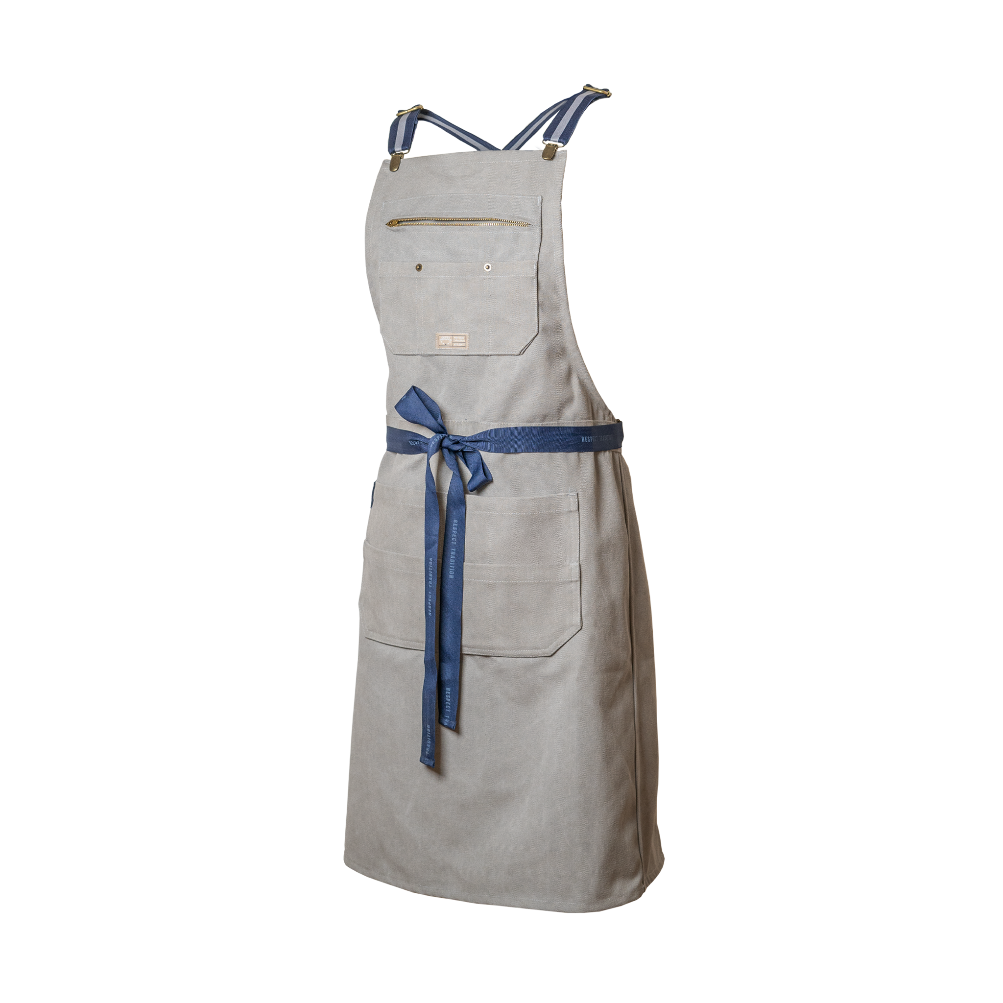 Gray apron with a blue tie on a white background