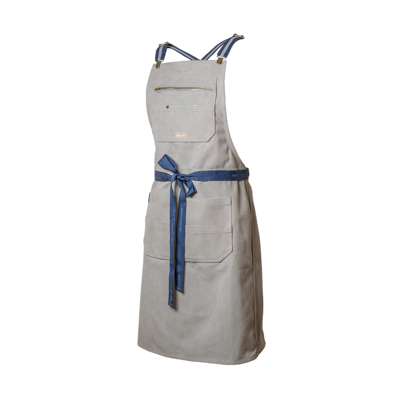 Gray apron with a blue tie on a white background