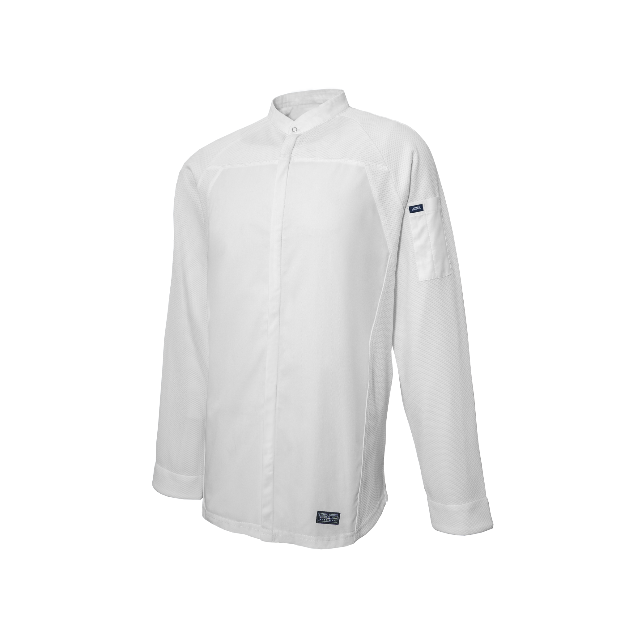 White chef's coat with a brand logo on a white background