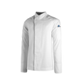 White chef jacket with a brand logo on a white background
