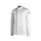 White chef jacket with a brand logo on a white background