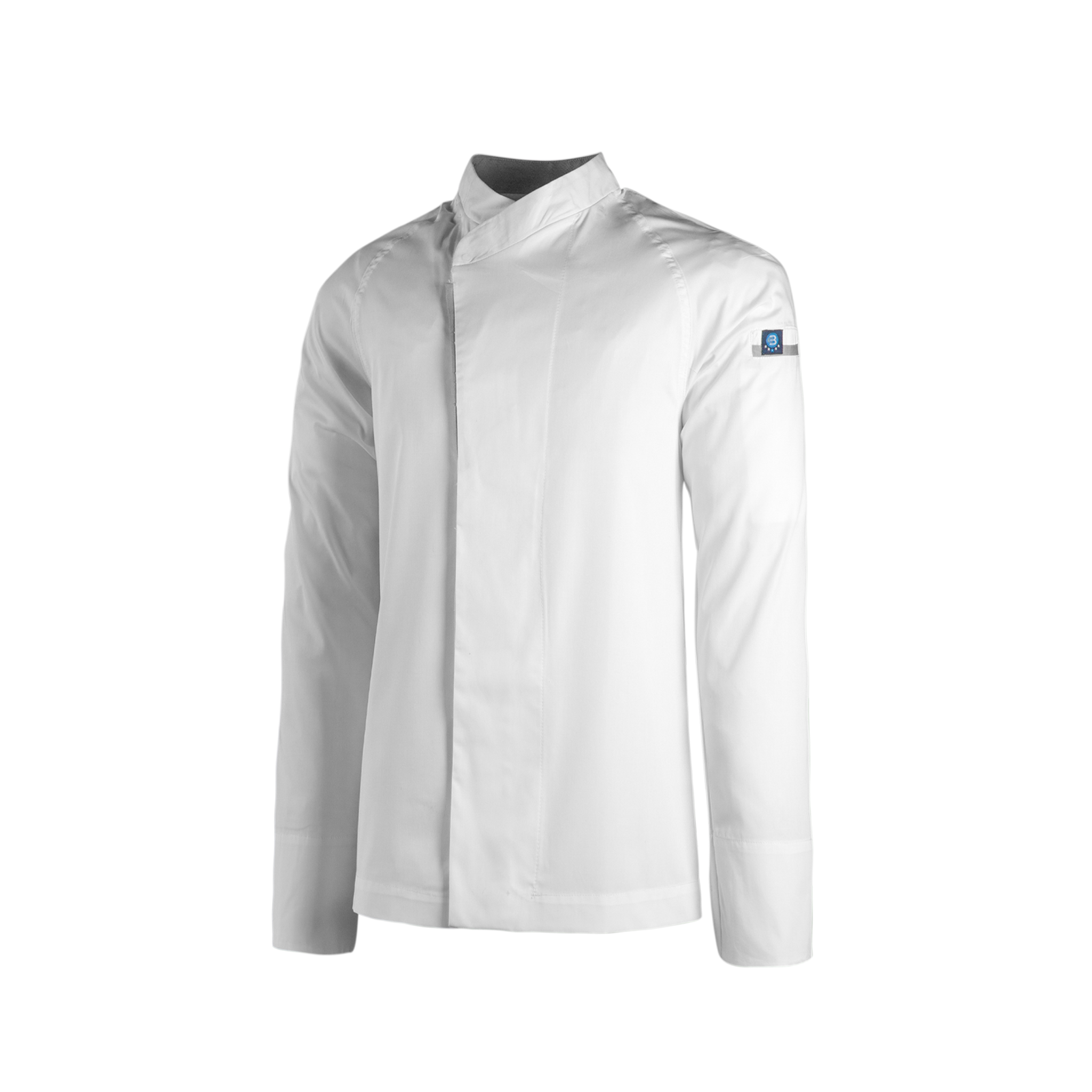 White chef jacket with a brand logo on a white background