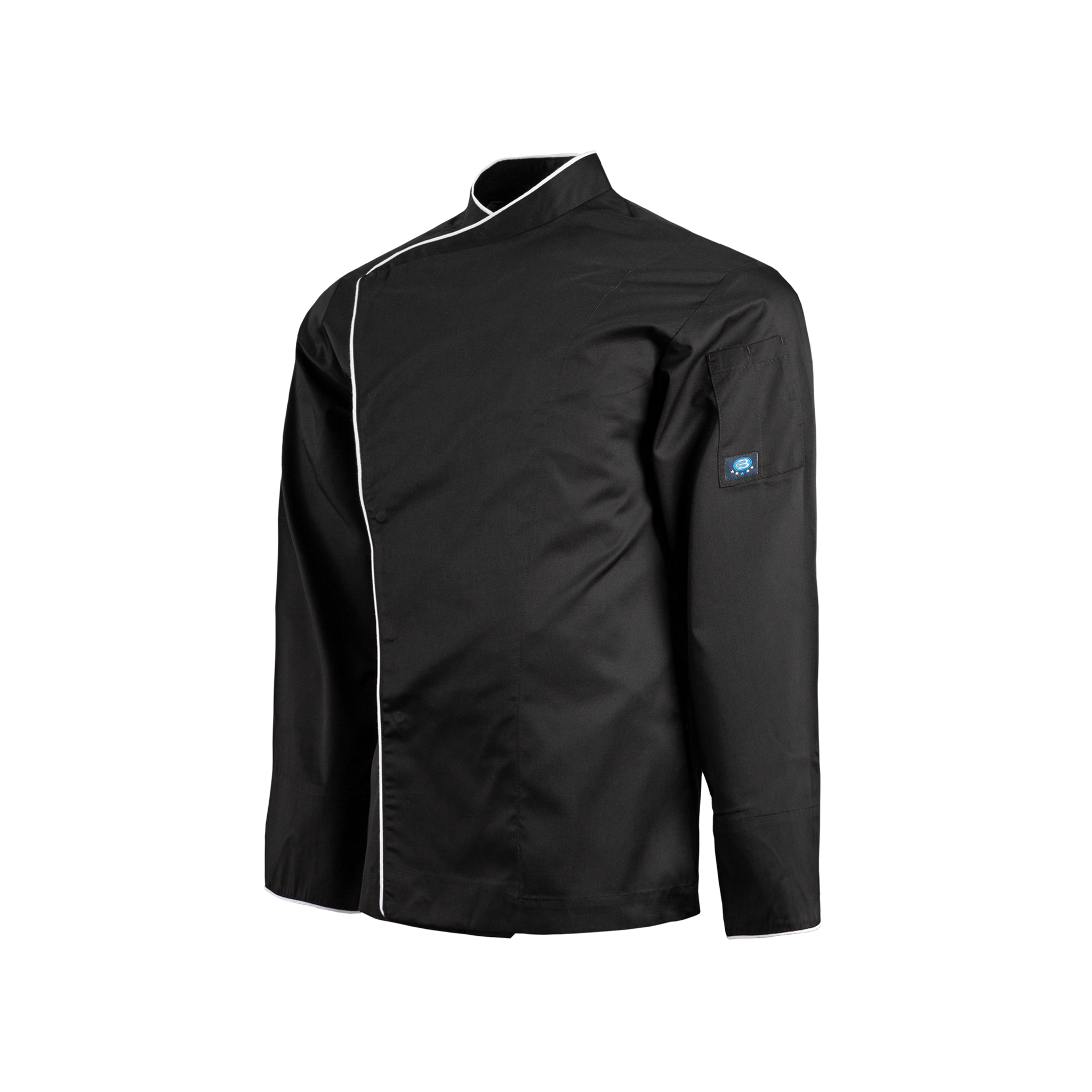 Black jacket with white piping on a white background