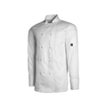White chef's coat with a logo on the sleeve against a white background