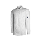 White chef's coat with a logo on the sleeve against a white background