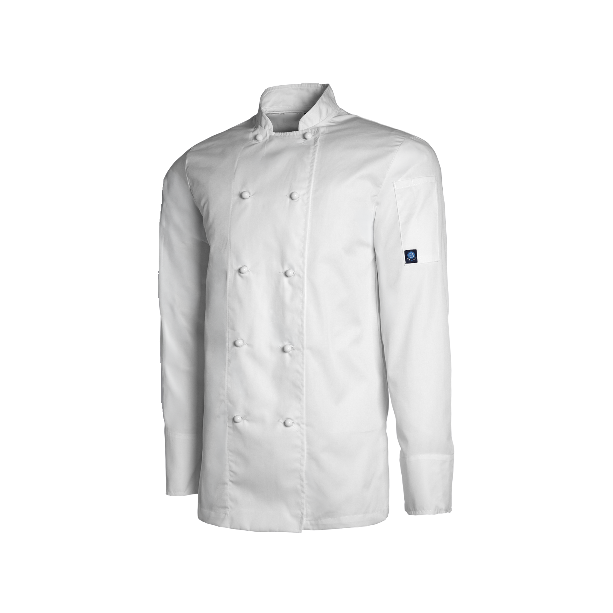 White chef's coat with a logo on the sleeve against a white background