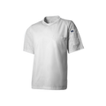 White t-shirt with a small logo on a white background