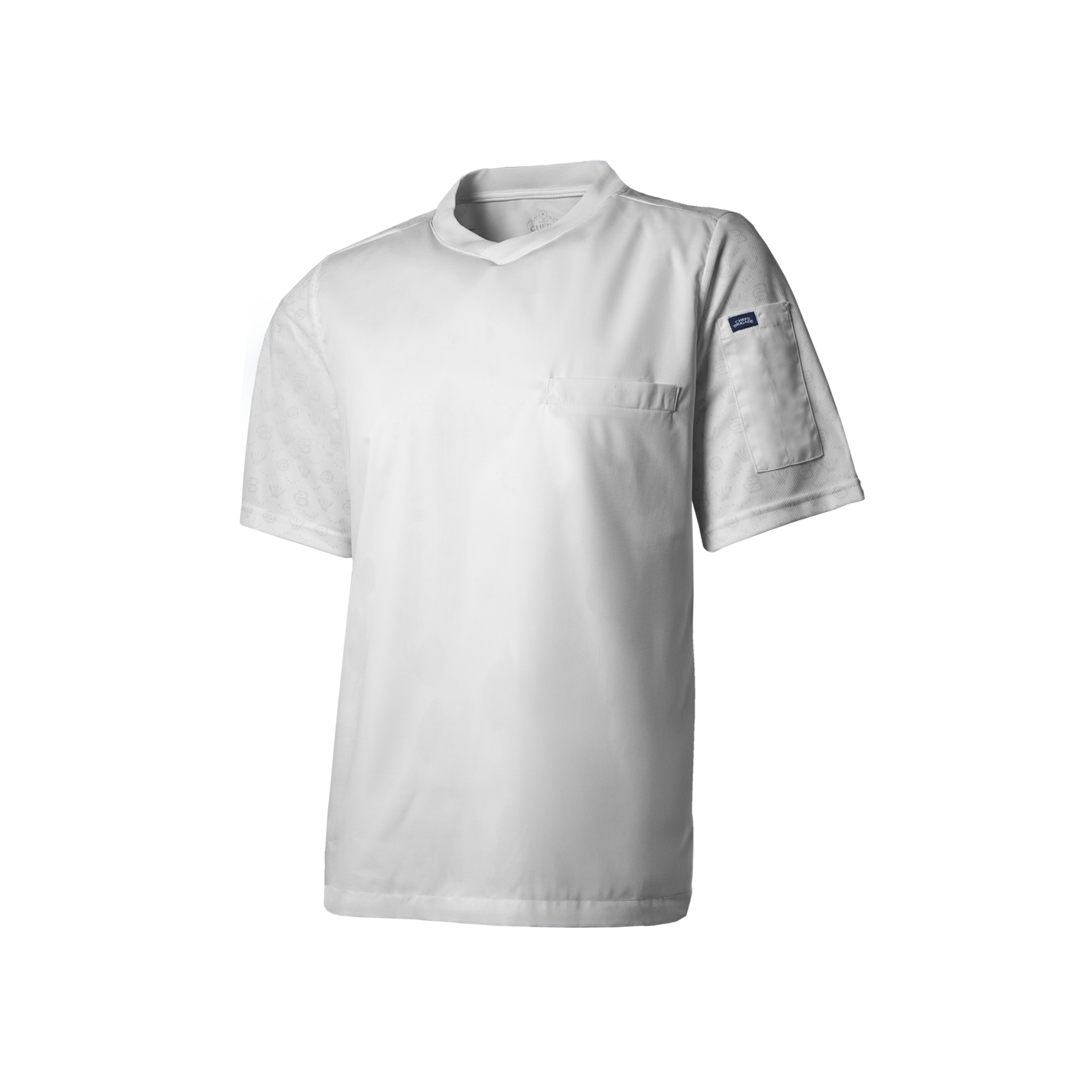 White t-shirt with a small logo on a white background