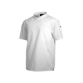 White t-shirt with a small logo on a white background