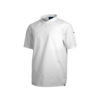 White t-shirt with a small logo on a white background