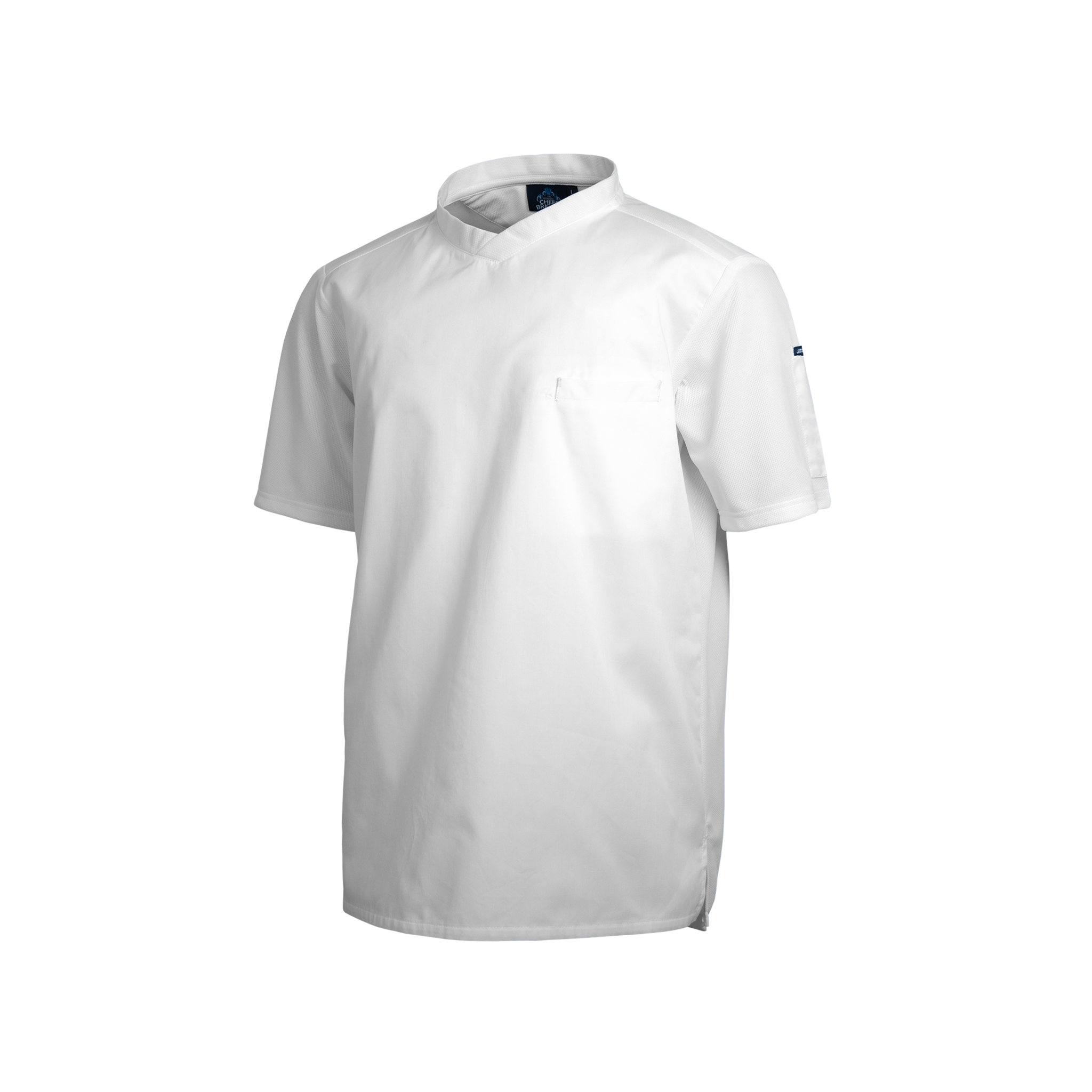 White t-shirt with a small logo on a white background