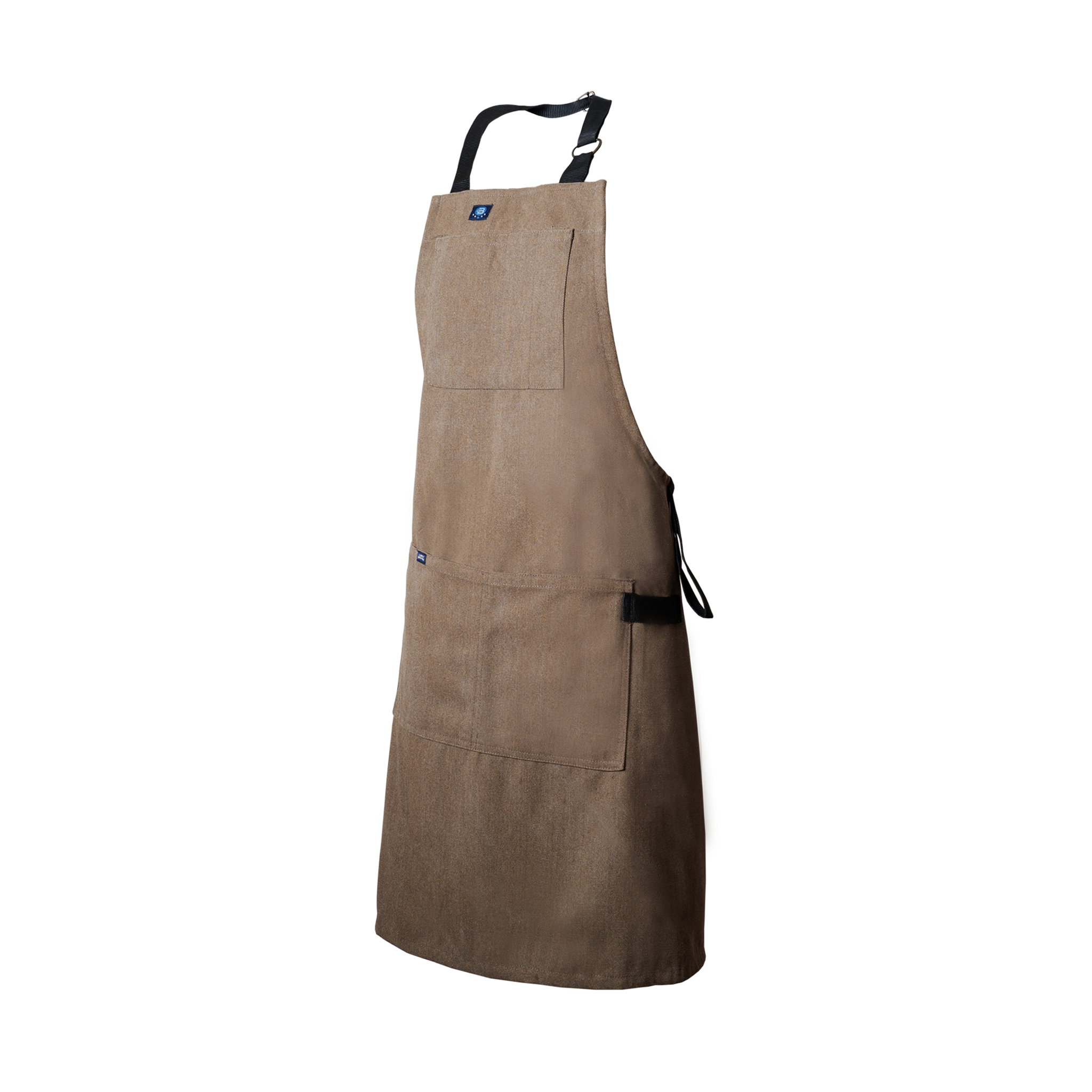 Brown apron with black straps on a white background