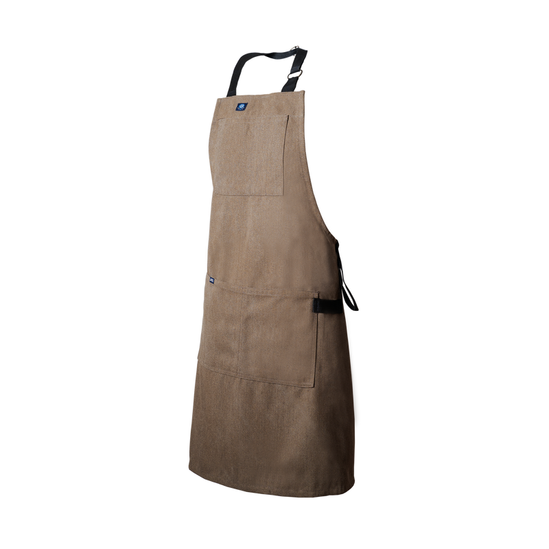 Brown apron with black straps on a white background
