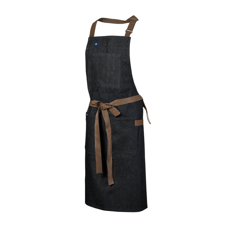Black apron with brown straps