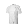 White chef shirt with a brand logo on a white background