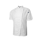 White chef shirt with a brand logo on a white background
