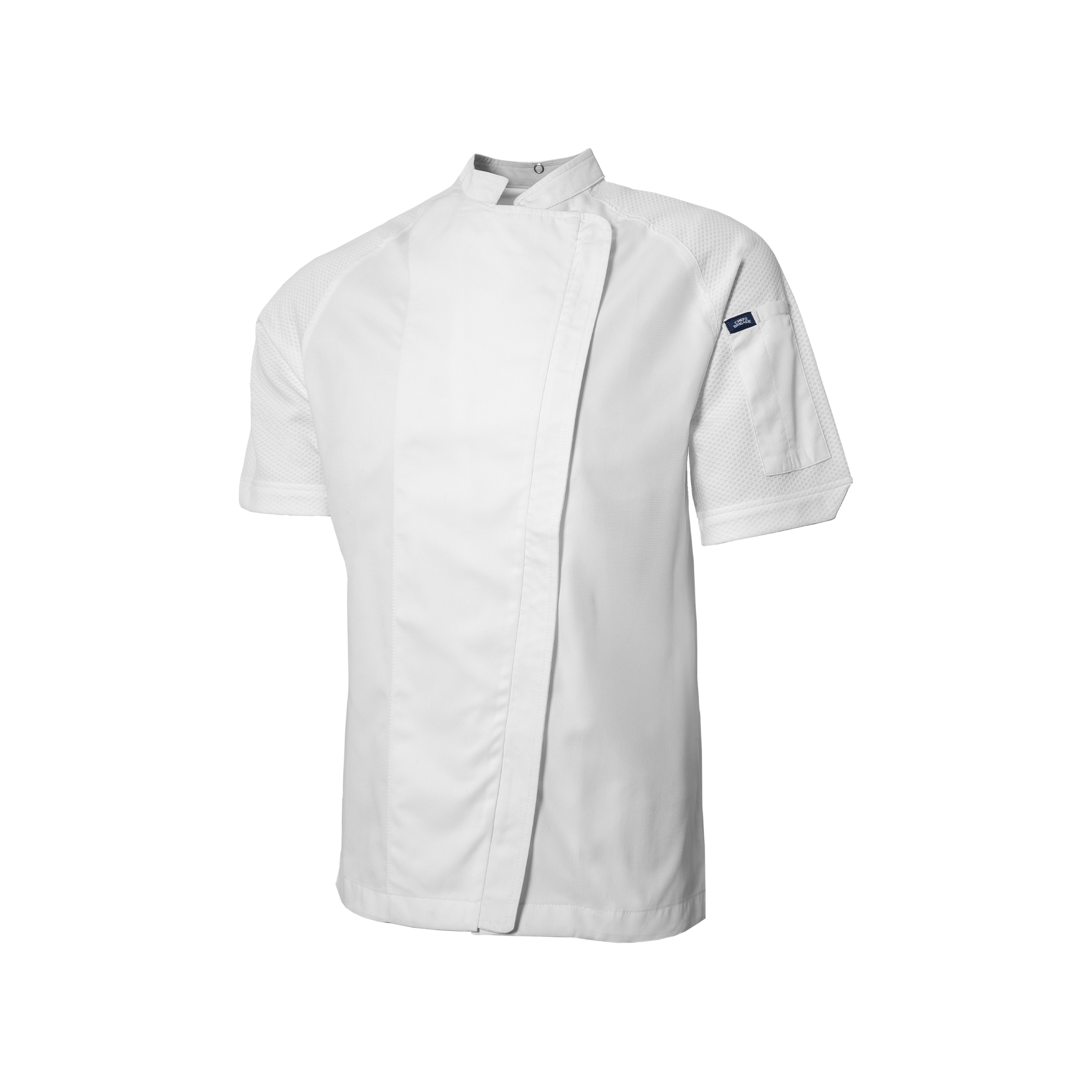 White chef shirt with a brand logo on a white background