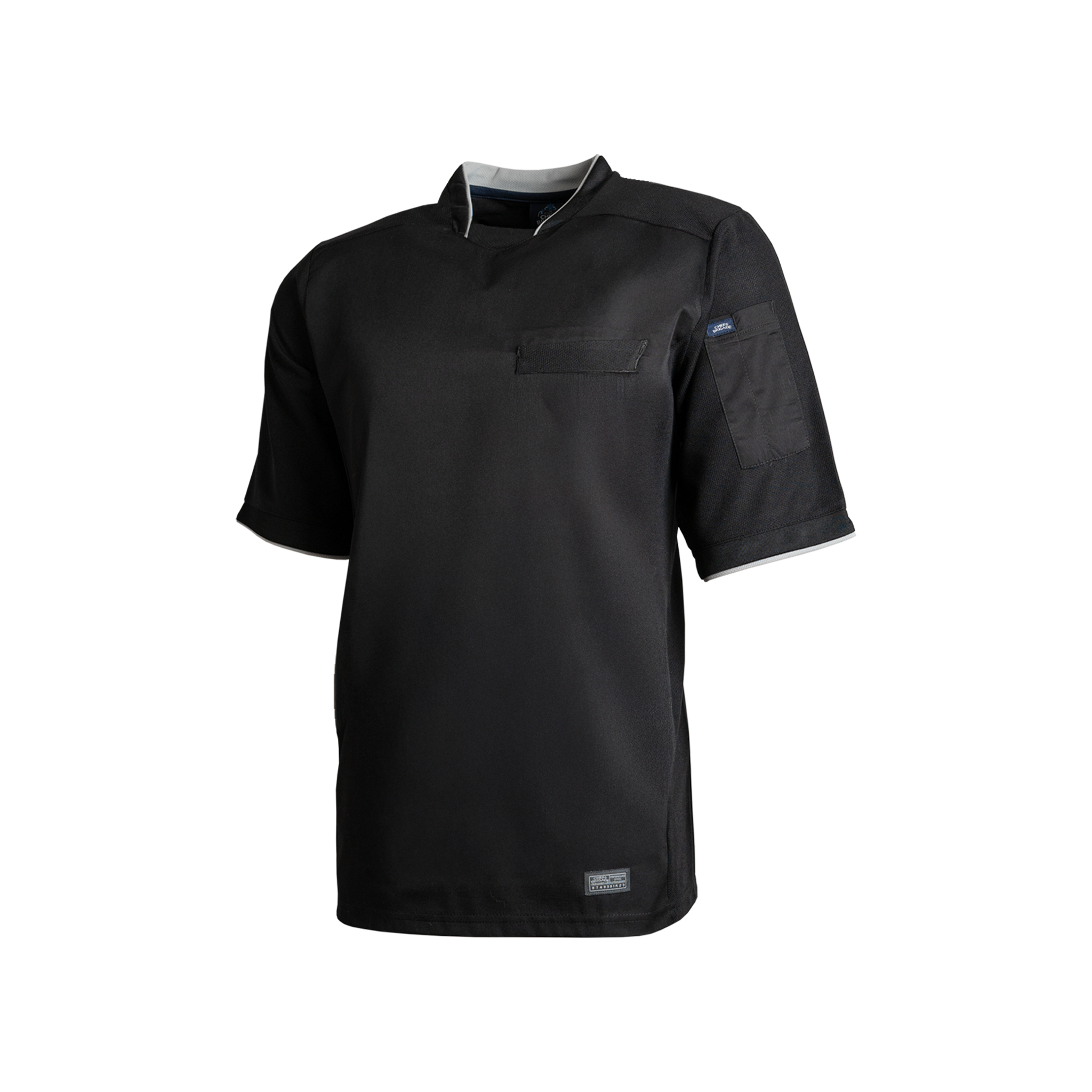 Black short-sleeve shirt with a pocket on a white background