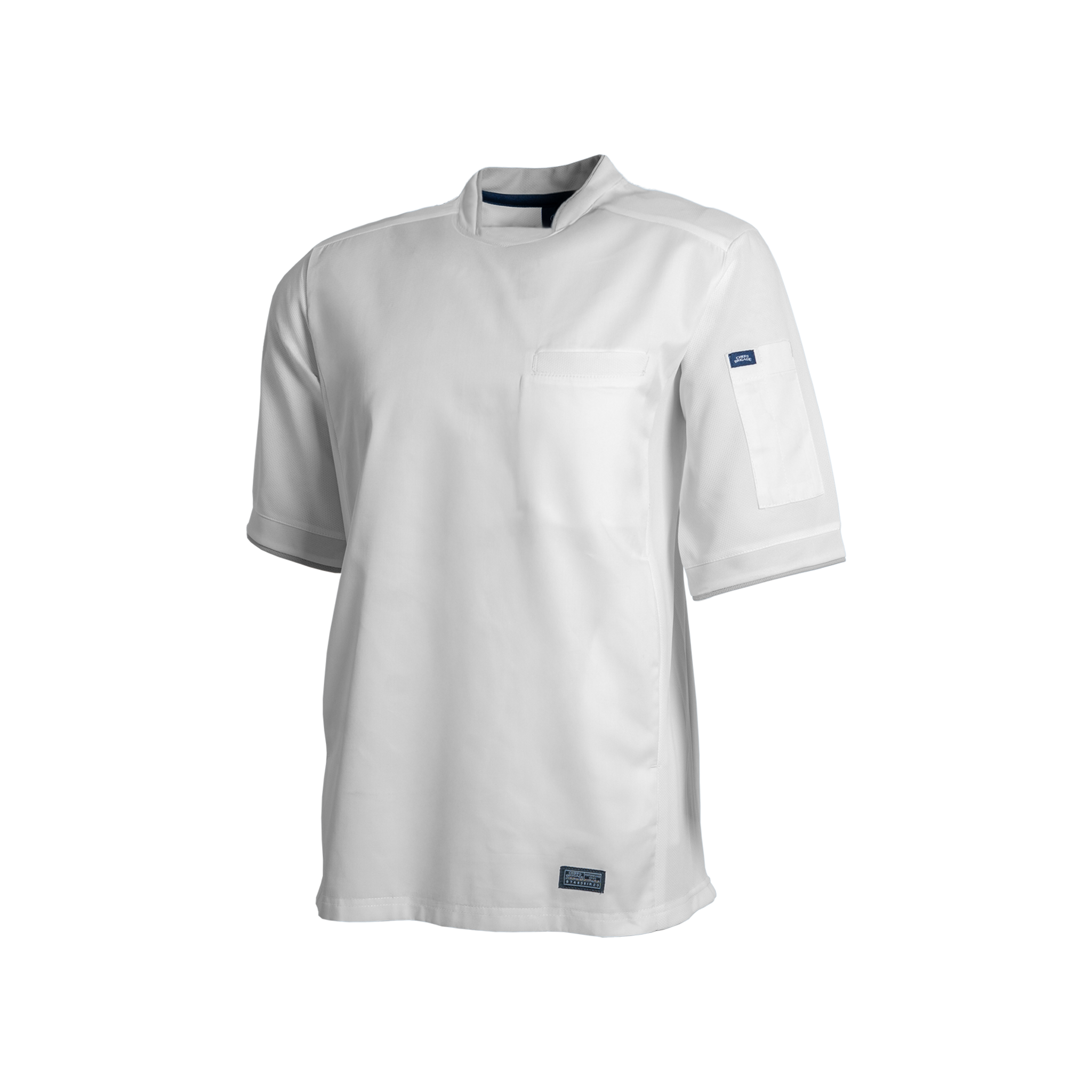 White chef's coat with a brand logo on a white background