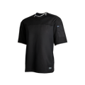 Black short-sleeve shirt with white trim on a white background