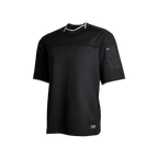 Black short-sleeve shirt with white trim on a white background