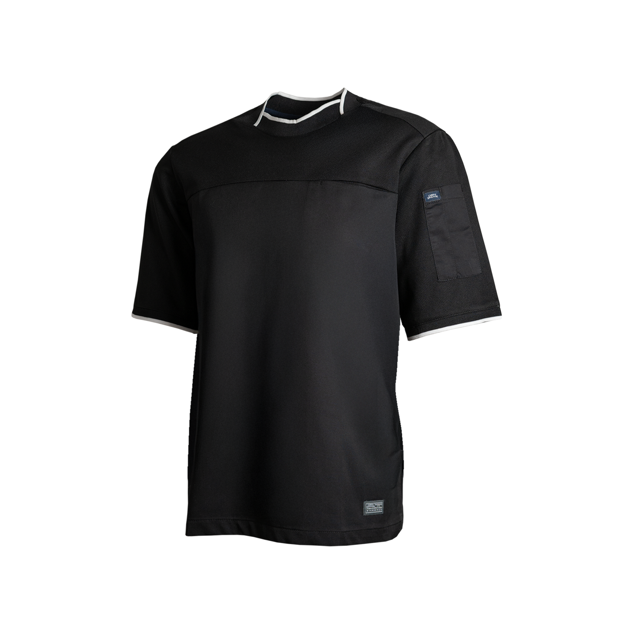 Black short-sleeve shirt with white trim on a white background