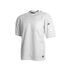 White short-sleeve shirt with a small logo on a white background