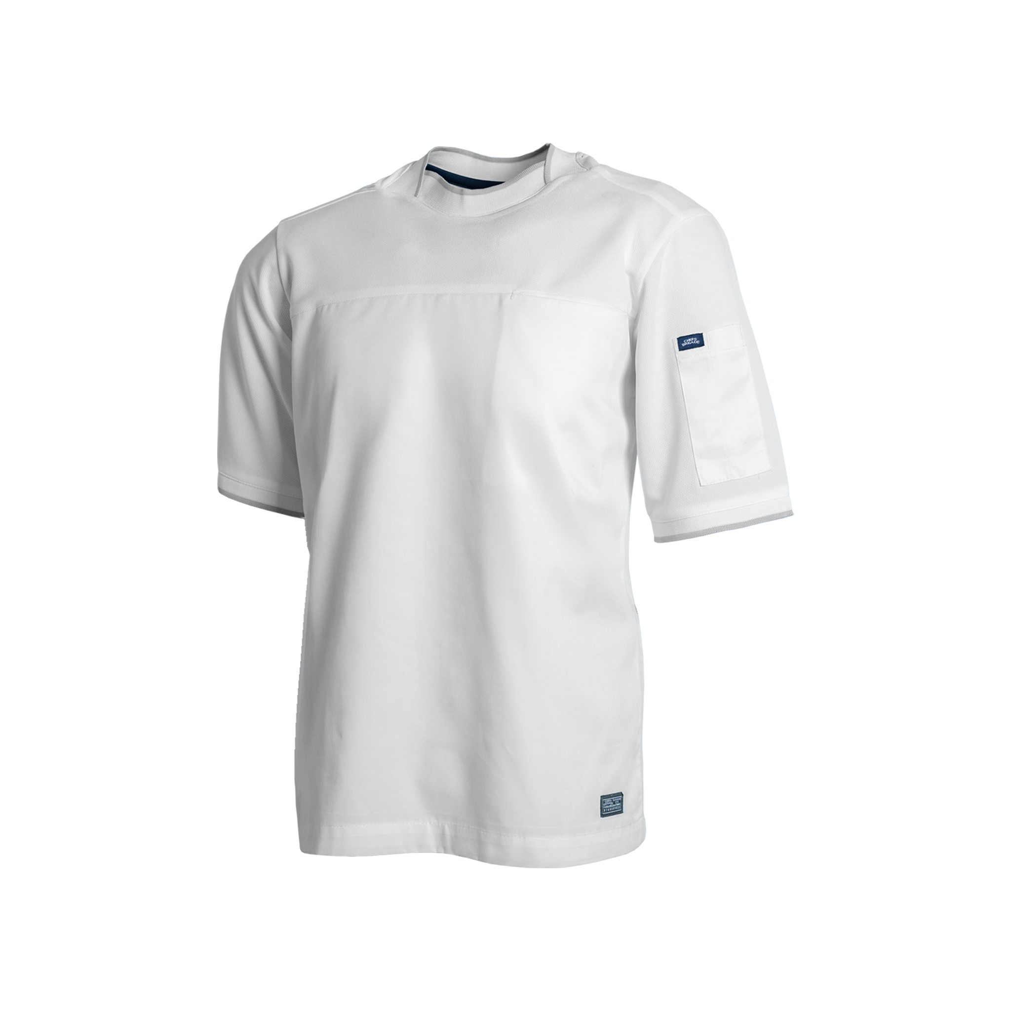 White short-sleeve shirt with a small logo on a white background