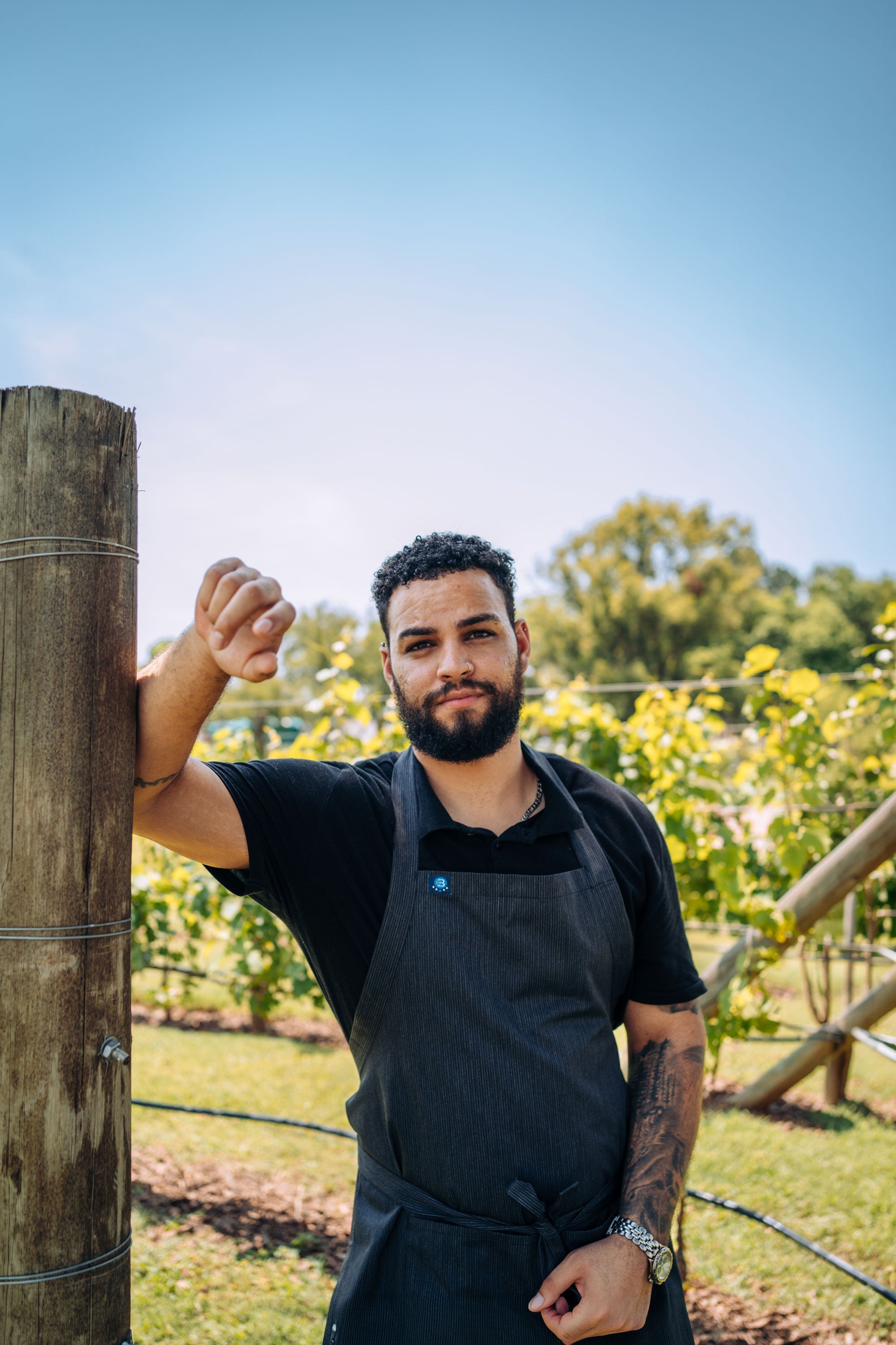 Man in a black pinstriped apron standing outdoors with greenery and a clear sky in the background