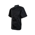 Black short-sleeve shirt with white trim on a white background