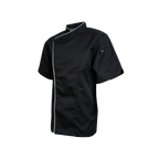 Black short-sleeve shirt with white trim on a white background