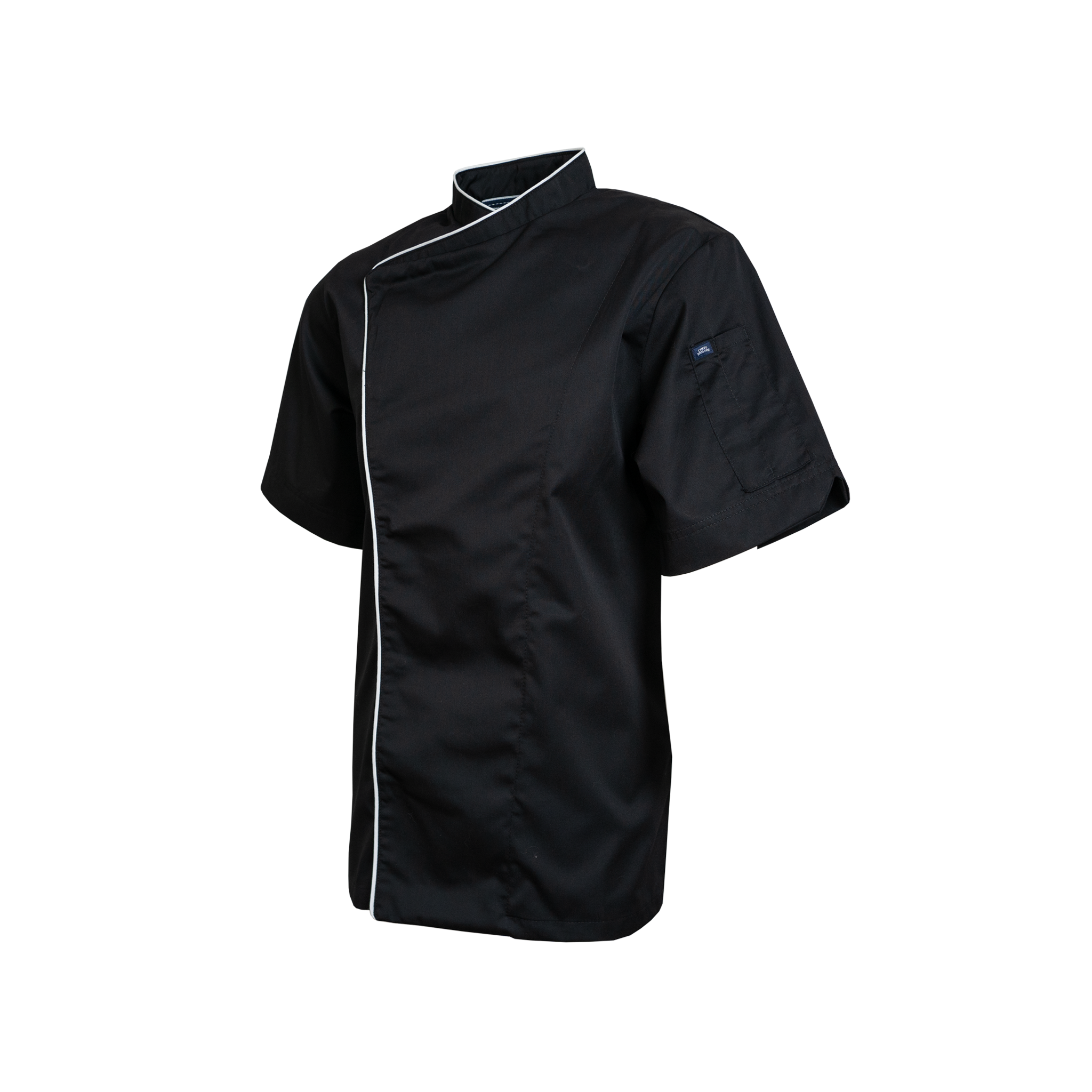 Black short-sleeve shirt with white trim on a white background