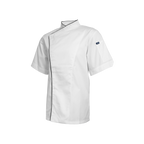 White chef's coat with black trim on a white background