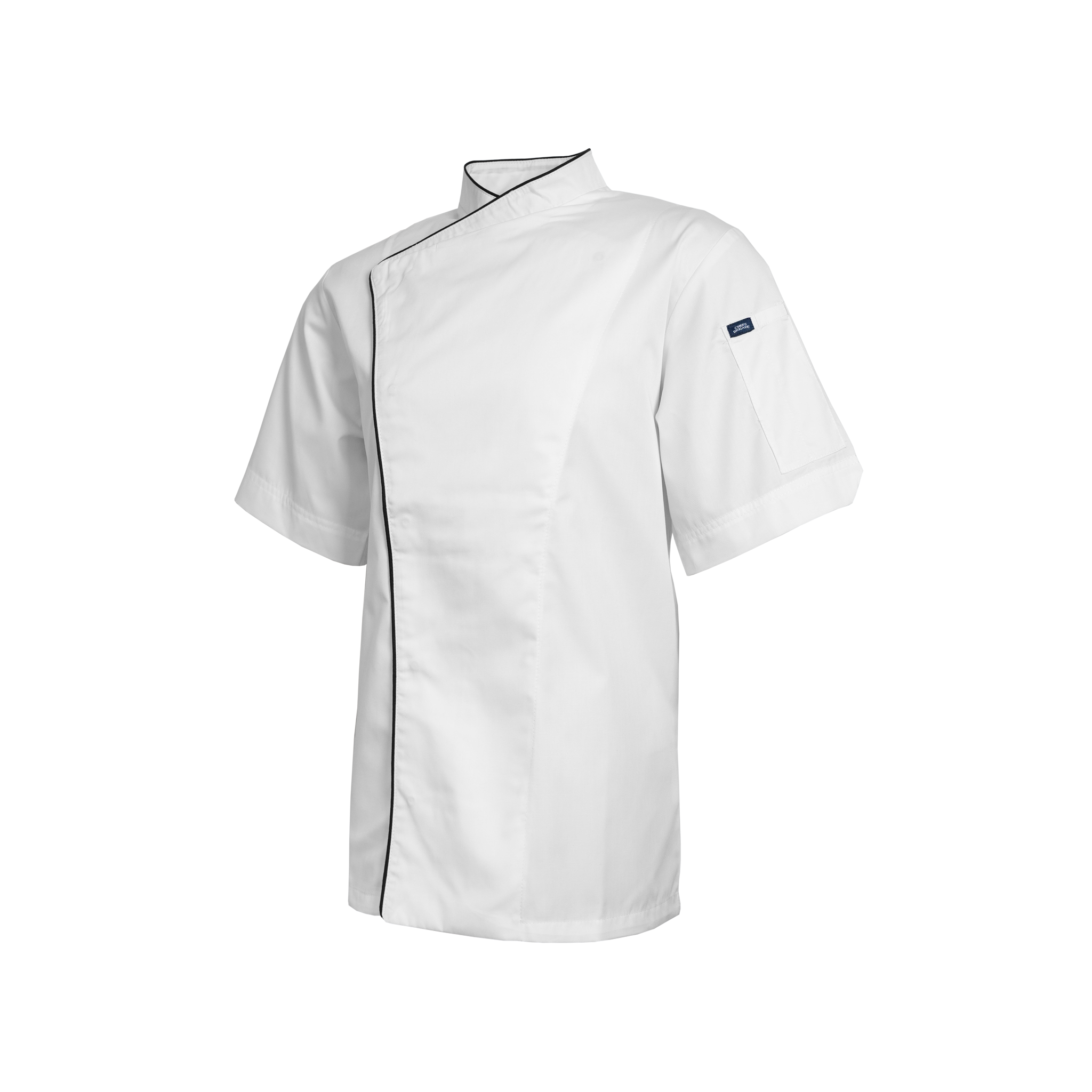 White chef's coat with black trim on a white background
