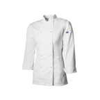 White chef's coat with a brand logo on a white background