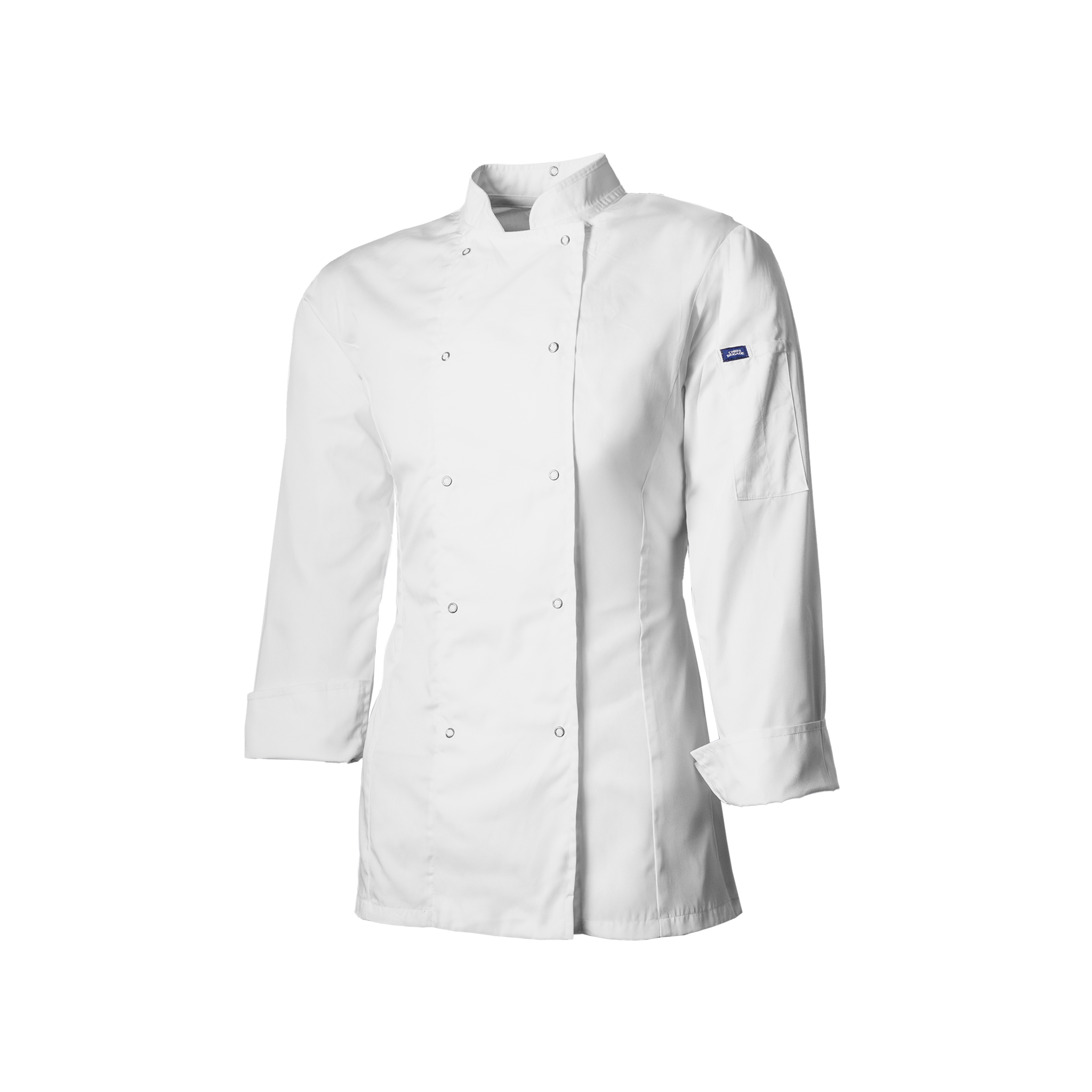 White chef's coat with a brand logo on a white background