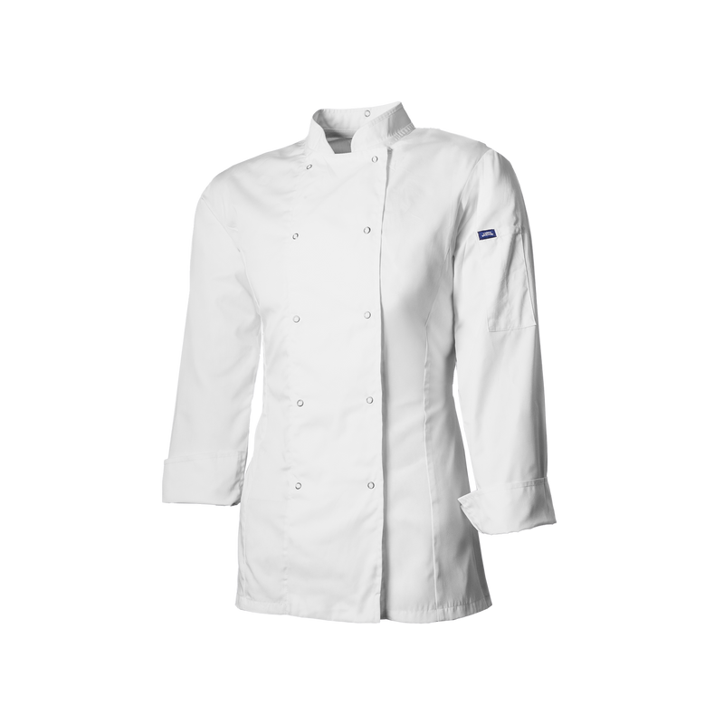 White chef's coat with a brand logo on a white background