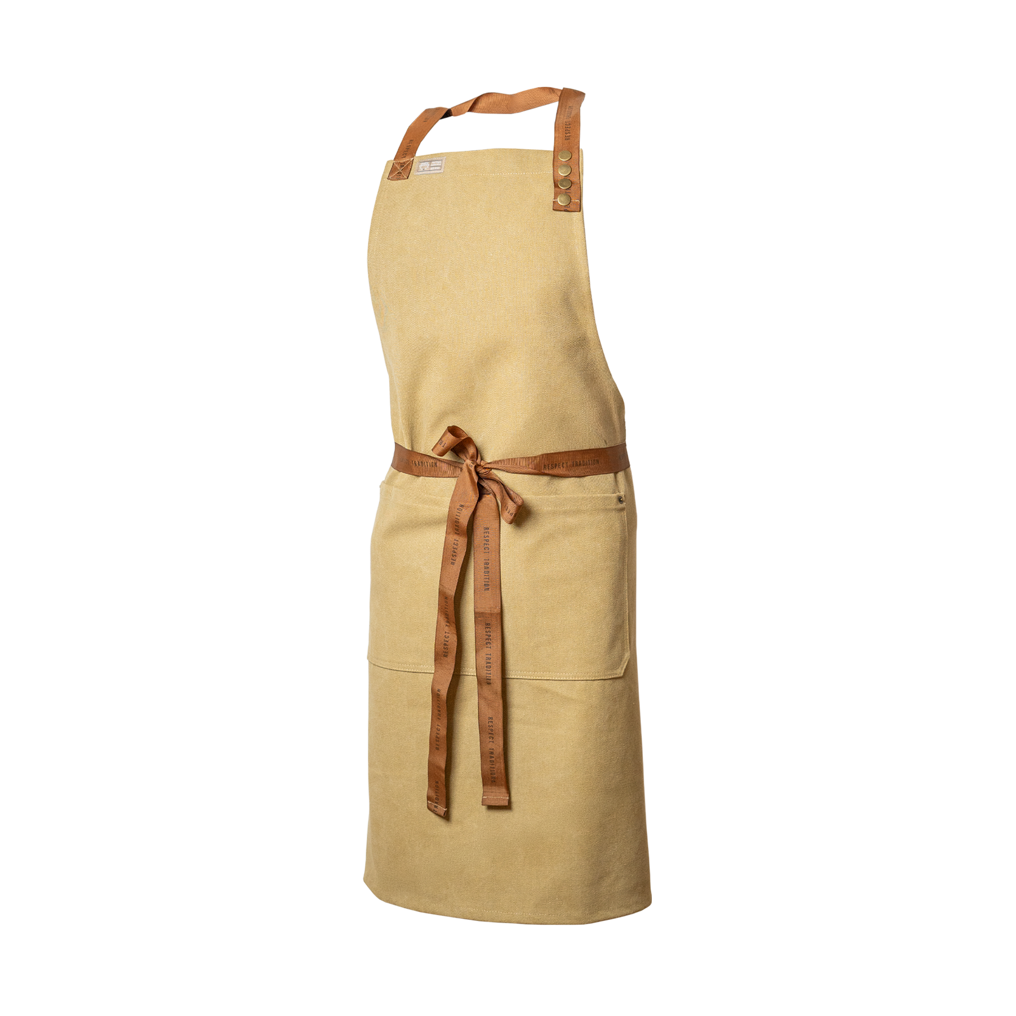 Beige apron with brown straps