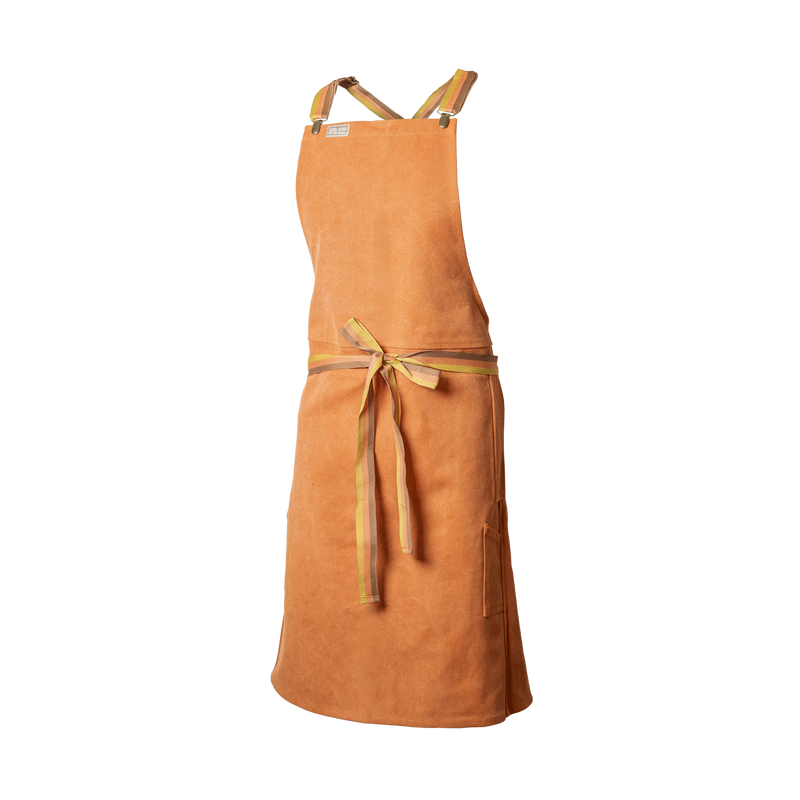Brown apron with a yellow tie