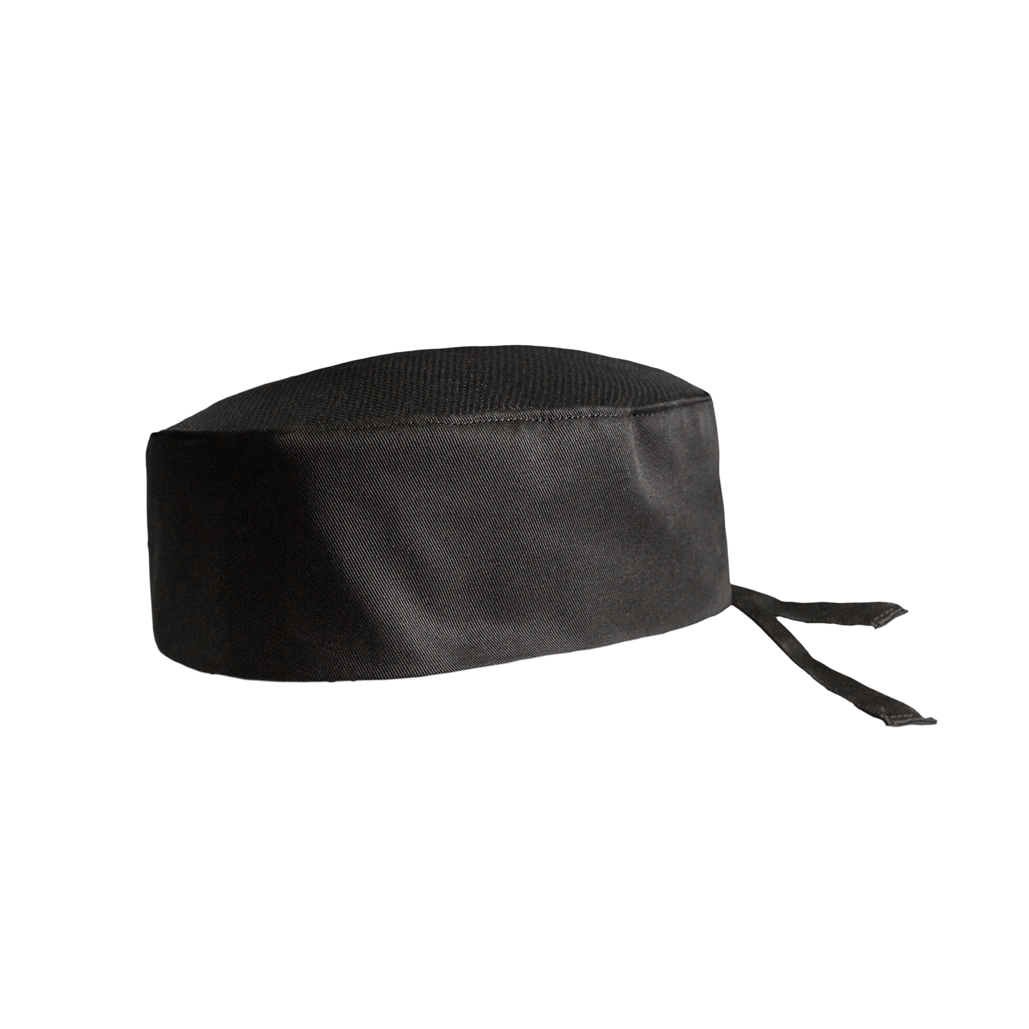 Black chef's hat with a tie on a white background