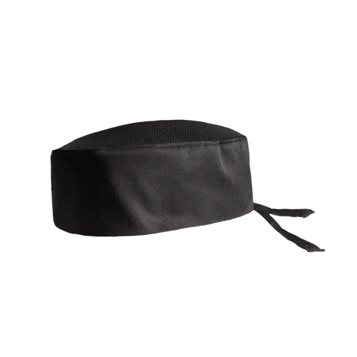 Black chef's hat with a tie on a white background